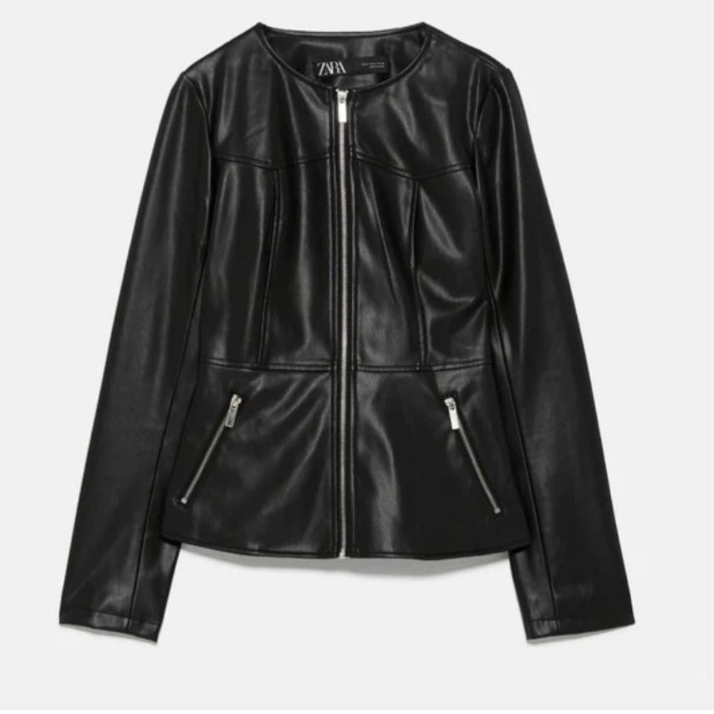 Zara Black Faux Leather Zip-Front Jacket